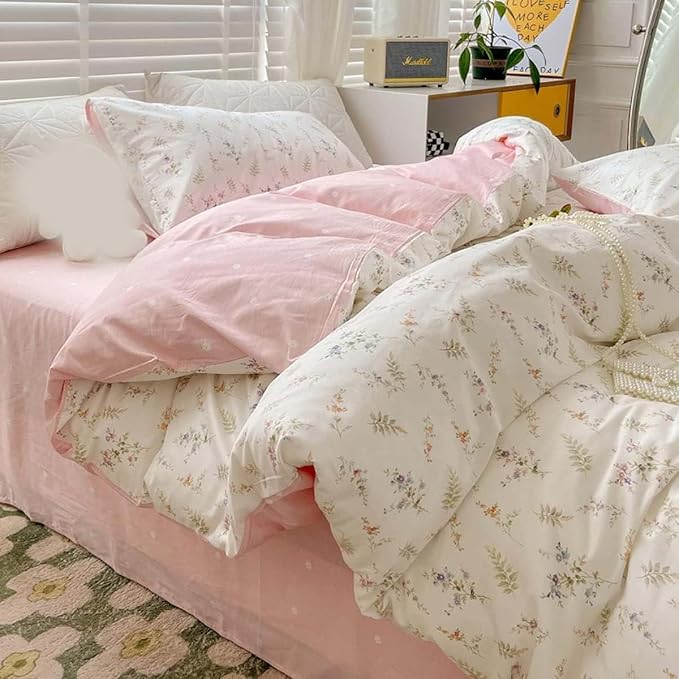 Nayoroom Pink Floral Duvet Cover Queen Size Green Botanical Leaf Printed on White Reversible Coquette Bedding Set 3 Pcs Soft Microfiber Spring Cottagecore Comforter Cover with Zipper Closure
