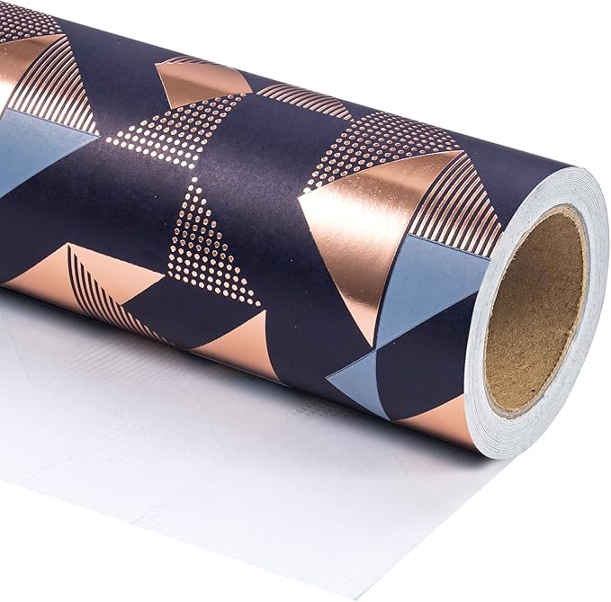 WRAPAHOLIC Birthday Wrapping Paper for Men - Mini Roll - 17 Inch x 16.5 Feet - Foil Modern Navy Blue Geometric Wrapping Paper Perfect for Husband, Boyfriend Birthday, Wedding, Bridal Shower