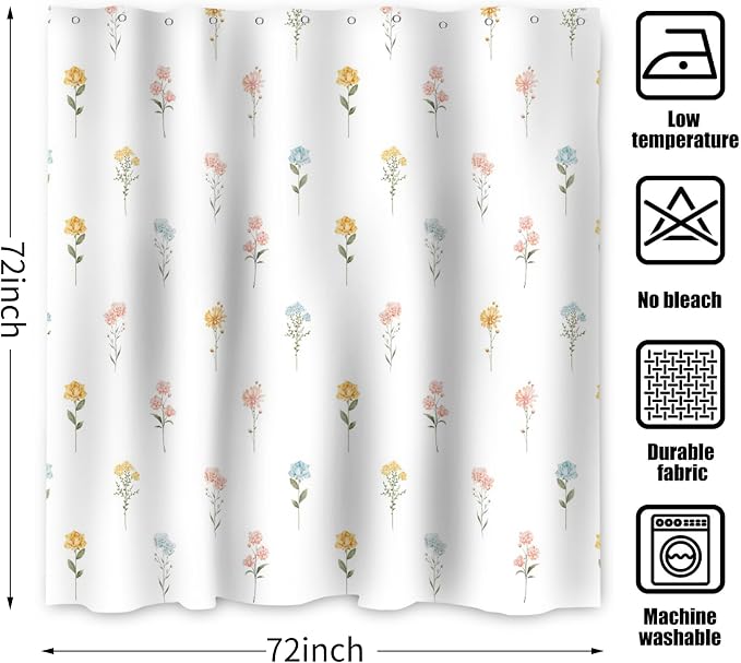 Floral Shower Curtain, Wildflower Botanical Plant Leaves Cute Flower Spring Herbs Elegant Waterproof Fabric Machine Washable for Bathroom Bathtub Decor with Hooks 72x72