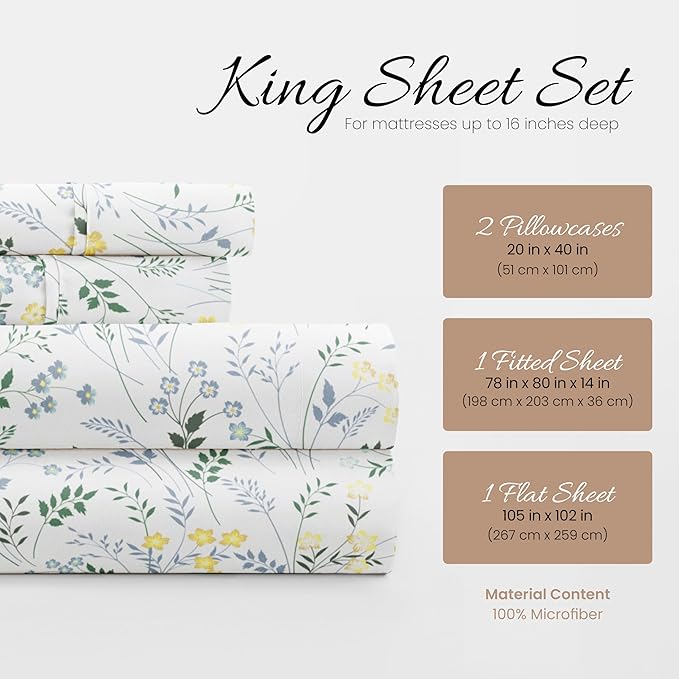 Linen Market Patterned Microfiber King Sheet Set 4 Piece – Oeko-TEX Certified Ultra Soft & Wrinkle-Free - 16" Deep Pocket Sheets - Easy Care King Size - Wildflower Light Blue