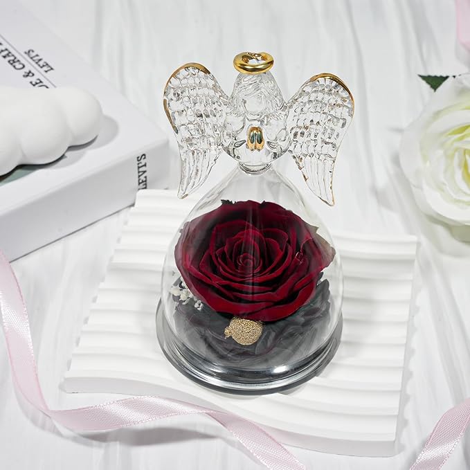 Sunia Preserved Flower Rose Gift for Women - Mother's Day Birthday Gifts for Mom Wife Grandma, Glass Angel Figurines Forever Real Roses Gifts for Her Valentine Day Thanksgiving﻿ (Redwine)