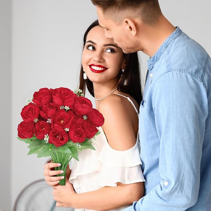 8 Pack Red Peonies Artificial Flowers, Fake Silk Hydrangea Bouquet for Bridal Wedding Home Table Decor Reusable Dining Opening Ceremony Birthday Arrangement Faux Floral