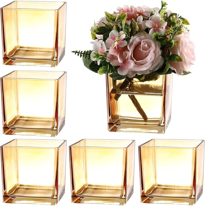 MARTAGE Square Amber Glass Vases Set of 6, 5" x 5" x 5" Flower Vases for Centerpieces, Square Vase for Centerpieces, Small Vase for Wedding, Party, Home Office Decoration