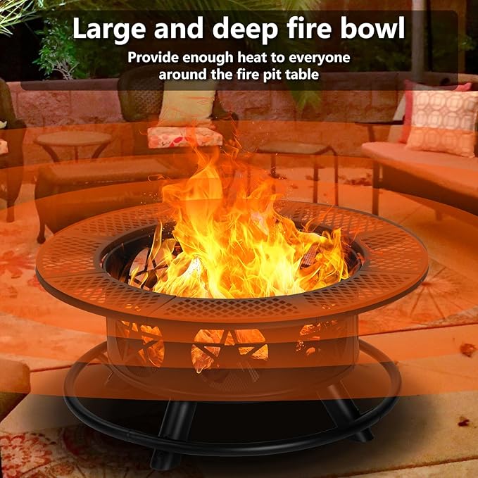 OutVue 36 Inch Fire Pit with 2 Grills, Wood Burning Fire Pits for Outside with Lid & Poker, BBQ& Outdoor Firepit & Round Metal Table 3 in 1 for Patio, Picnic, Party