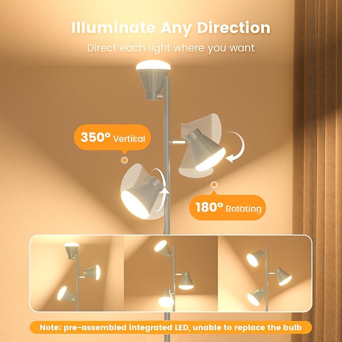 SIBRILLE 36W LED Tree Floor Lamp, Dimmable Tall Standing Lamp with Remote & Touch Control, 4 Color Temperatures Bright Floor Lamp, 3 Rotatable Light Modern Floor Lamps