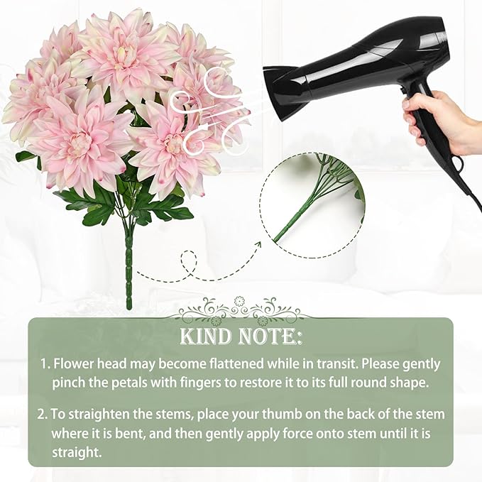 Hollyone 2Pcs Pink Artificial Dahlia Flowers Bush 7 Heads Silk Fake Dahlias Flowers with Stems Wedding Bouquets Faux Dahlia Flowers Arrangements for Outdoor Indoor DIY Table Centerpieces Home Decor