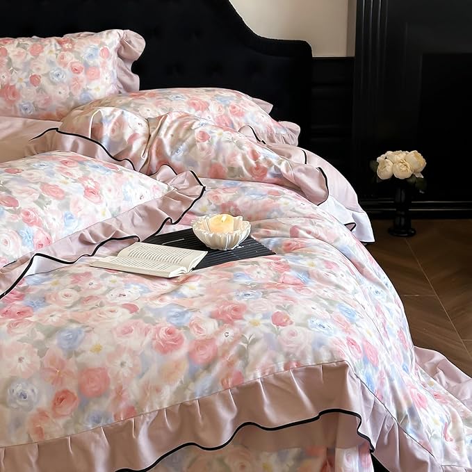 HighBuy Ruffle Duvet Cover Queen Size,Vintage Lace Floral Botanical 100% Brushed Cotton Bedding Set for Women Girls,Farmhouse Bedding Super Soft Comfortable Boho Chic Lightweight 3 Pieces