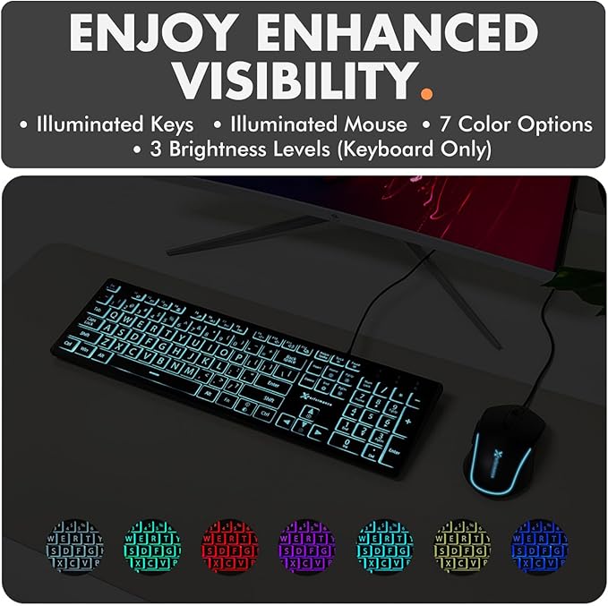 X9 Wired Keyboard and Mouse Combo - Large Print Backlit Keyboard and Mouse for Elderly, Low Vision, Visually Impaired - 7 LED Light Up Color, Lighted Large Letters for Laptop PC Computer USB