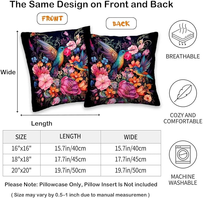 Hummingbird Throw Pillow Covers 18x18 Set of 2 | Reversible Decorative Cushion Cases for Living and Bed Room | Square Bird Pillowcases for Sofa, Couch and Outdoor