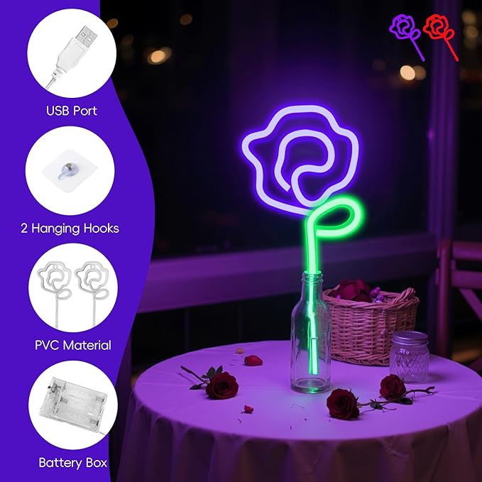 Rose Neon Sign - rose Flower with Green Stem Neon Art Wall Decor USB or 3-AA Battery Powered Operated for Girls Bedroom Birthday Gift Party Wedding Rose Lights for Bedroom (Red&Purple)