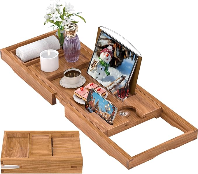 Teak Bathtub Caddy Tray for Tub, Foldable Luxury Bath Table Tray with Book and Wine Glass Holder, Expandable Bathroom Accessories for Spa or Reading