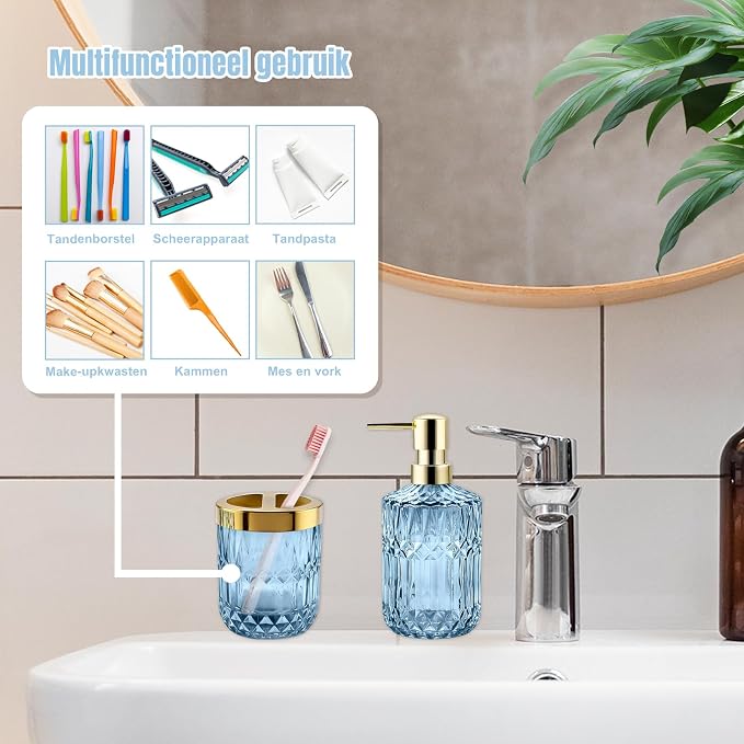 2Pcs Blue Bathroom Accessories Set, Glass Bathroom Accessories, Vintage Bathroom Countertop Decoration Includes Soap Dispenser, Toothbrush Holder