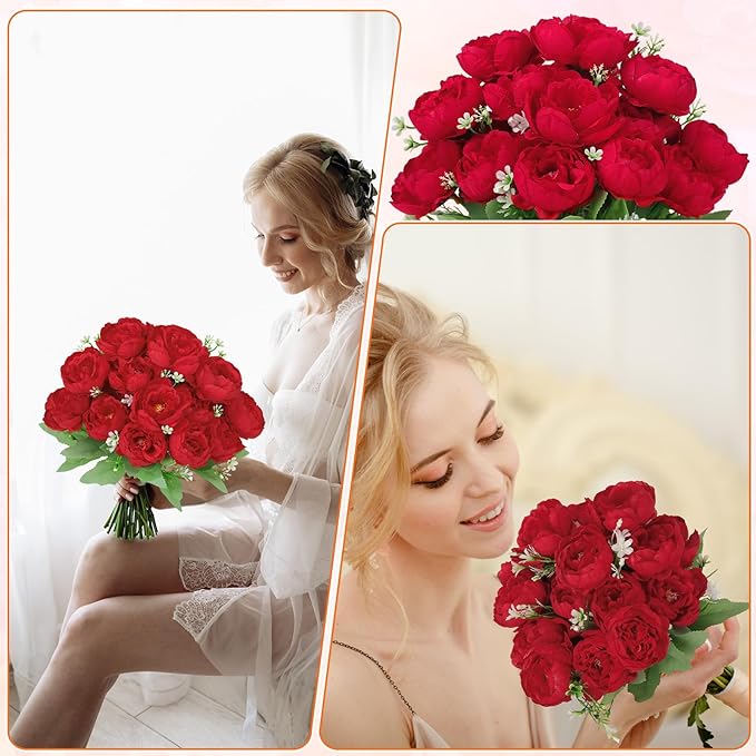 8 Pack Red Peonies Artificial Flowers, Fake Silk Hydrangea Bouquet for Bridal Wedding Home Table Decor Reusable Dining Opening Ceremony Birthday Arrangement Faux Floral
