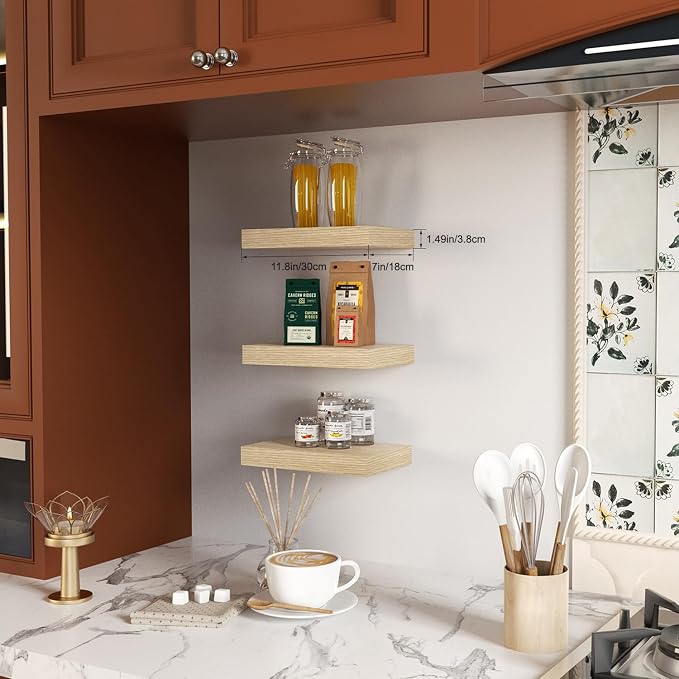 Floating Shelves, Oak Wooden Set of 3 Wall Mounted Bathroom Shelves Over Toilet, Modern Small Hanging Shelves for Bedroom Living Room Kitchen Farmhouse Home Decor, 12" x 7" x 1.5"