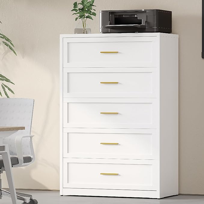 Metal Dresser with 5 Drawer，48" Tall Chest of Drawers with Wide Metal Handle,Drawer Organizer for Bedroom,Living Room,Hallway and Entryway,White