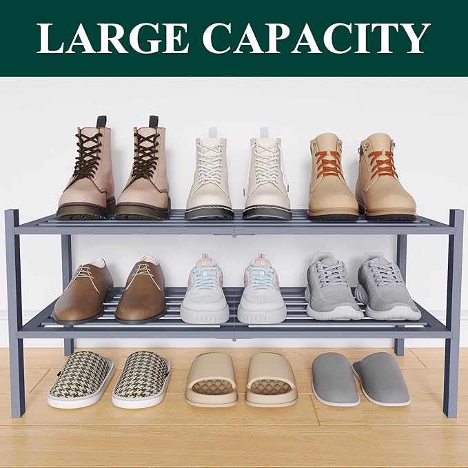 Smiry Bamboo Shoe Rack 2-Tier, Stackable Wooden Shoe Organizer for Entryway & Closet, Free Standing Wood Shoe Storage Shelf for Front Door & Small Spaces, Grey