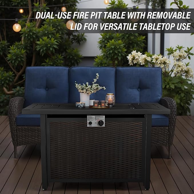 Belord 50000 BTU Propane Fire Pit Table - 43 Inch CSA-Certified Outdoor Fire Table with Lid and Glass Wind Guard 2 in 1 Rectangular Fire Pit Table for Patio Deck Garden and Outdoor Ambiance