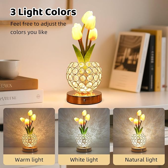 Tulip Flower Lamp,4000mAh Rechargeable Cordless Lamp with 3-Colour Stepless Dimming,Touch Control Cordless Table Lamp Night-Light for Home Decor,Unique Birthday Gifts for Women