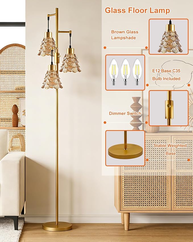 Lightdot 67" Glass Floor Lamps for Living Room, 3-Light Dimmable Floor Lamp with Amber Glass Shade& Bulbs Included, Mid Century Standing Tall Lamp with 5Lbs Heavy Base for Bedroom/Sofa Beside-Gold