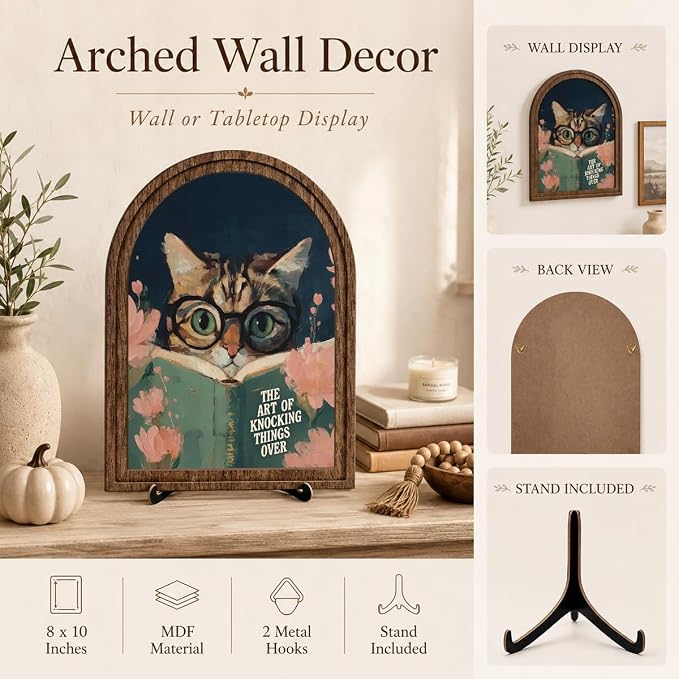 Funny Bird Decor Arched Wood Frame Tabletop Sign, Vintage Reading Bird Art Decor with Stand, Rustic Shelf Desk Mantel Accent for Bathroom Office Home