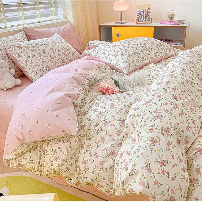 Vintage Style Pink Floral Duvet Cover Queen Cotton Garden Flower Comforter Cover Girls Cute Floral Bedding Set Chic Botanical Comforter Cover with 2 Pillowcases White Floral Duvet Cover with Zipper