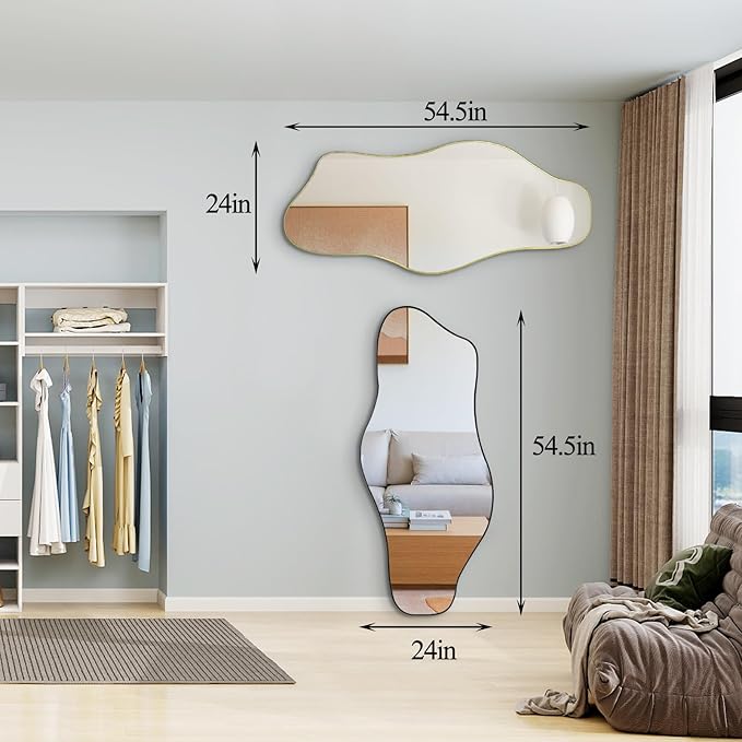 Irregular Wall Mirror, 54.5"x24" Asymmetrical Tempered Glass Mirror, Large Organic Shape Frameless Mirrors for Entryway Hallway Bedroom Living Room, Horizontal or Vertical Hanging