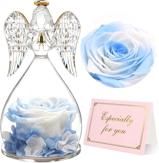 Yamonic Birthday Gifts for Mom Women, Angel Figurines with Real Rose Gifts for Her Mom Grandma, Mothers Day Preserved Flowers Rose for Christmas Valentine's Day (White+Blue)