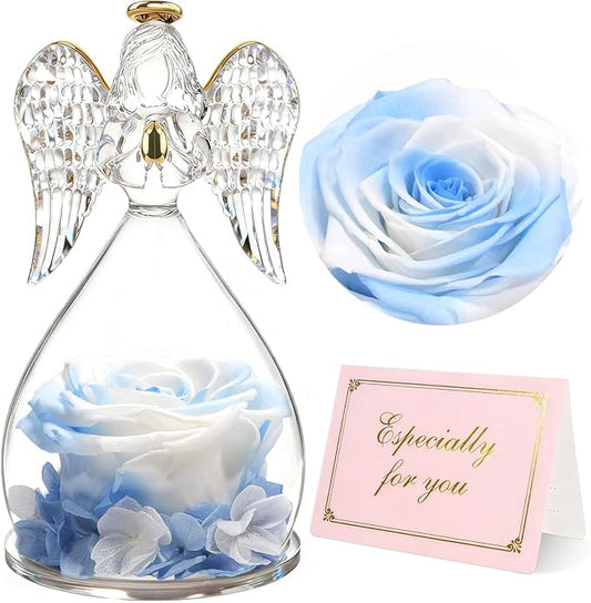 Yamonic Birthday Gifts for Mom Women, Angel Figurines with Real Rose Gifts for Her Mom Grandma, Mothers Day Preserved Flowers Rose for Christmas Valentine's Day (White+Blue)