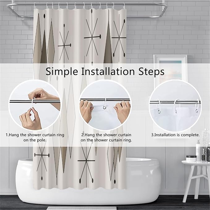 Boho Light Grey Brown Shower Curtain Abstract Mid Century Diamond Geometric Atomic Starburst Pattern Beige for 1950s Retro Bathroom Decor Shower Curtain Set with 12 Hooks, 69x70 Inches