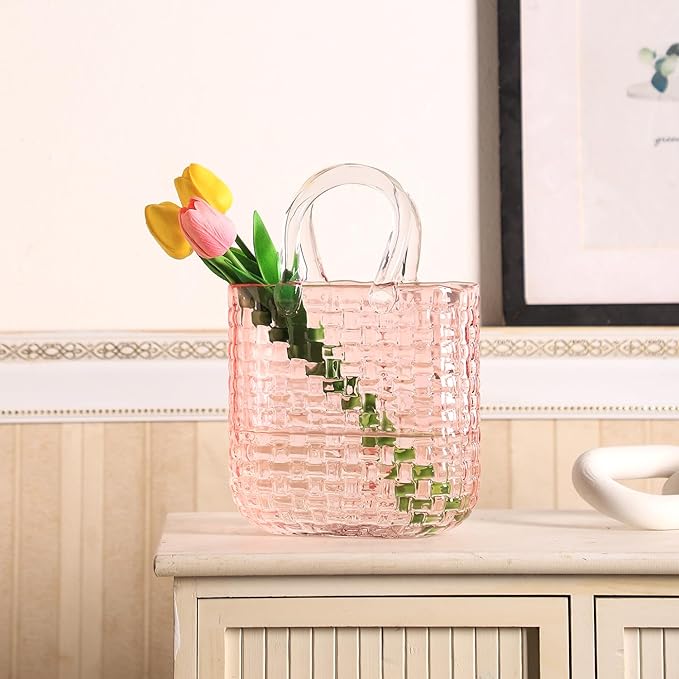 Glass Purse Vase for Flowers, Pink Purse Flower Vase, Large Glass Bag Vases, 10 Inch Handbag Shaped Vases for Home, Living Room, Bedroom, Table, Office Decor