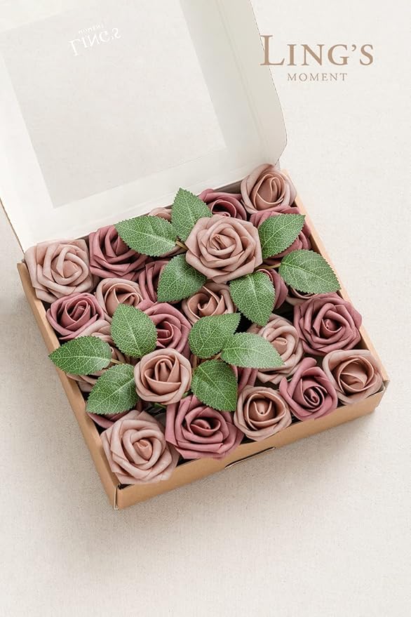 Ling's moment Artificial Wedding Flowers 1.5" Rose Buds and 2" Petite Roses 25pcs Dusty Rose & Mauve w/Stem for DIY Wedding Boutonniere Wrist Corsages Bouquets Centerpieces Arrangements