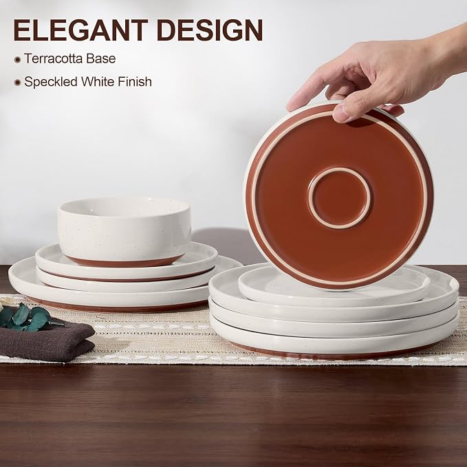 E-far 12-Piece Stoneware Dinnerware Sets, Plates and Bowls Sets for 4, Ceramic Dishware Dishes Set with Terracotta Base, Chip & Scratch Resistant, Microwave & Dishwasher Safe, Speckled White