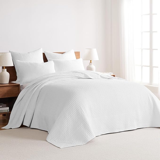 Levtex Home Cross Stitch Reversible Full Bedspread Set (100x104in) with 2 Pillow Shams (26x20in) - Stitch Texture - Bright White - Cotton Full Size Bedspread Set - Lightweight, Soft, Pre-Washed