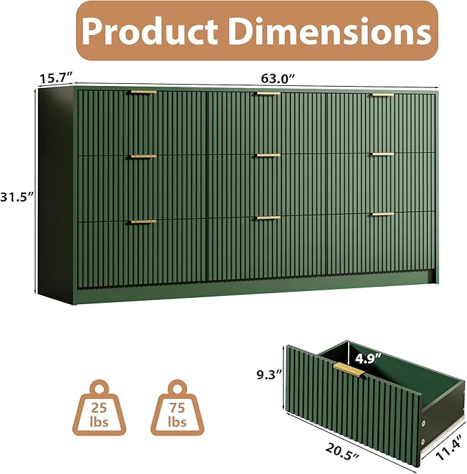 3-Piece Dresser Bedroom Set, 9 Drawer Dresser & 3 Drawer Nightstands with Gold Handles, Fluted Wood Chest of Drawers for Bedroom, Living Room, Entryway, Green