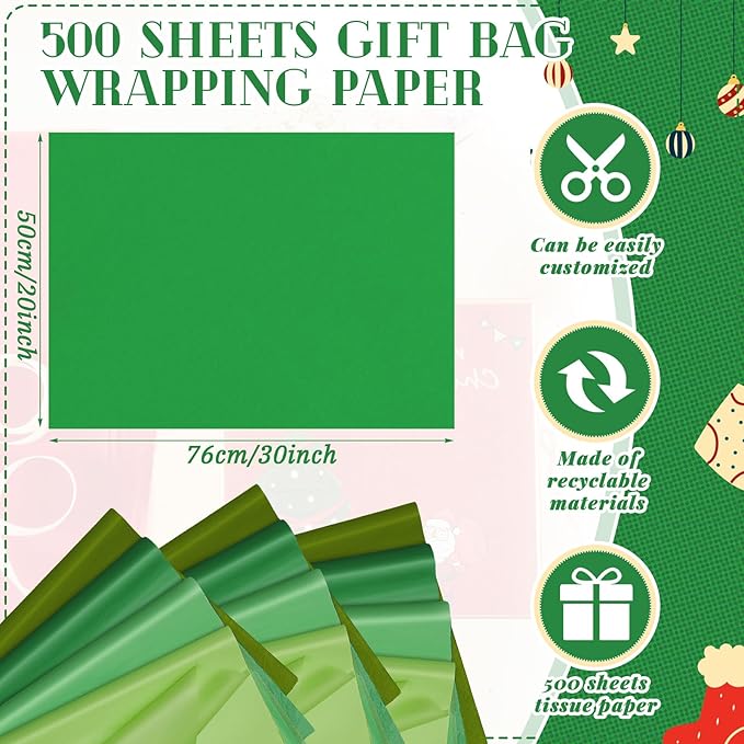 Qilery 500 Sheets Christmas Green Tissue Paper Bulk for Gift Bags 20 x 30 Inch Acid Free Wrapping Paper Sheets for Christmas Decoration DIY Crafts, Packing Supplies for Moving, Wedding Party