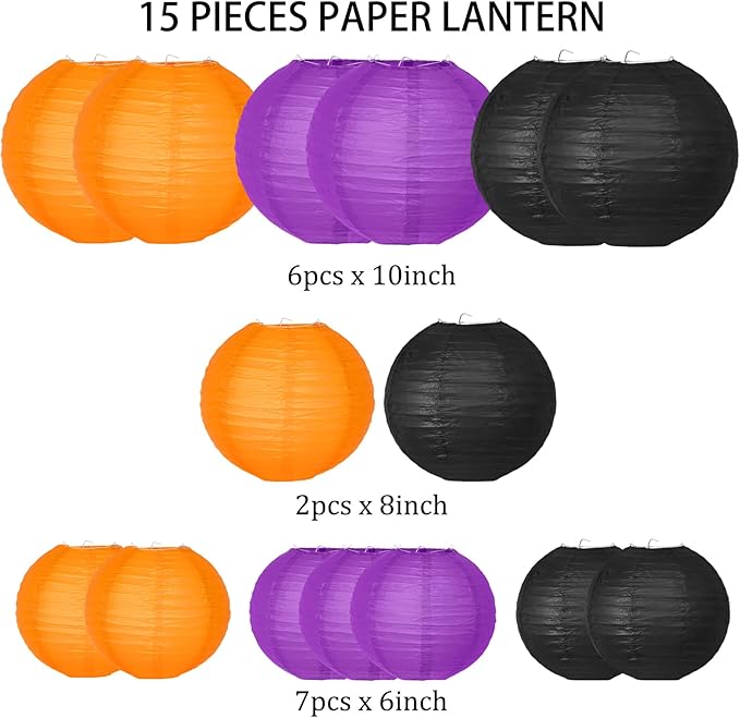 Halloween Party Decorations, Orange Black Purple Hanging Paper Lanterns for Halloween Ceiling, Horror Party Birthday Wedding Yard Garden Decor Indoor Outdoor，15pcs