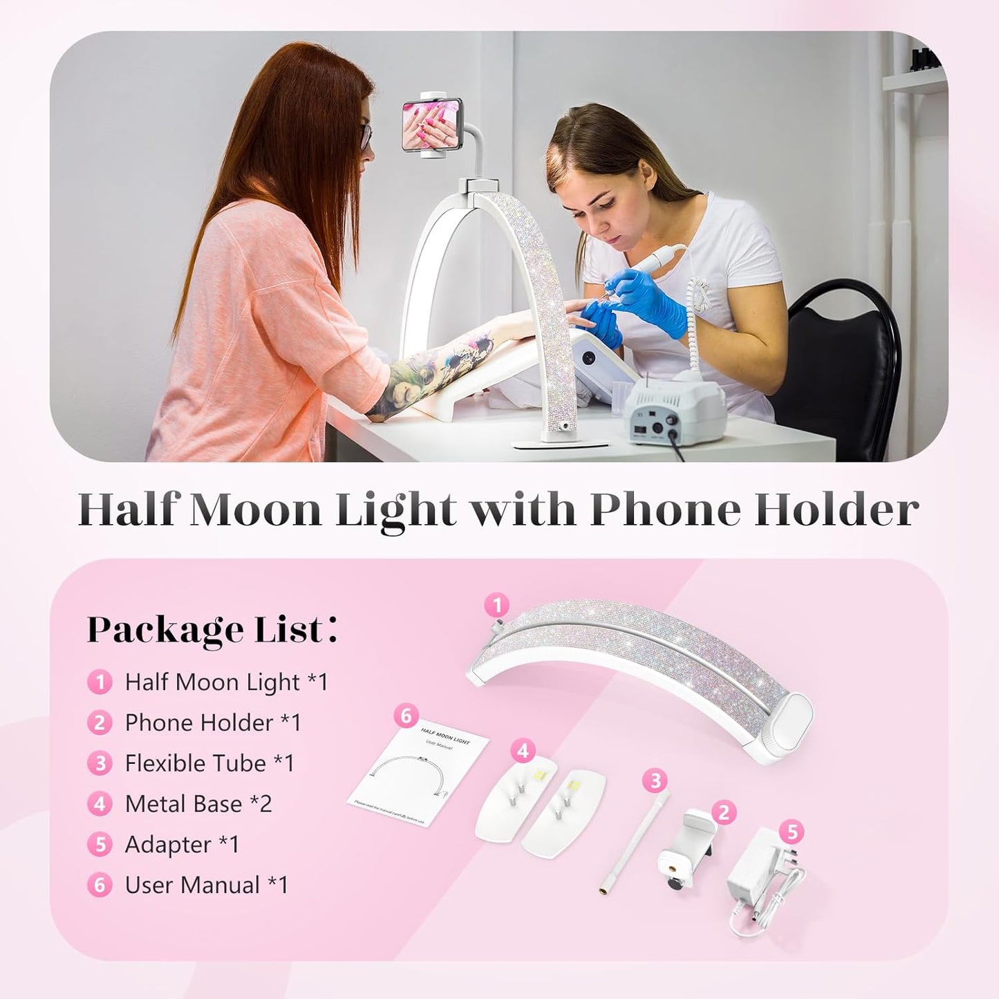 Yokilly Half Moon Desk Lamp - 23" Foldable Nail Tech Light with Phone Holder & 3 Color Modes (Diamond, Small)