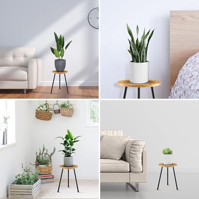KINNARY Indoor Plant Stand, Mid Century Wood Plant Stand Plant Table for Flower Pots, Tall Metal Plant Holder, Modern Home Decor Small Round Side End Table (11.8"x16")