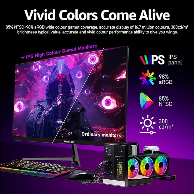 Gawfolk Gaming Monitor 27 inch QHD IPS, PC Screen 120Hz 2K (2560×1440P), Ultra-Thin Zero Frame Computer Display for Home Office Business, DP, HDMI, Wall-Mounted