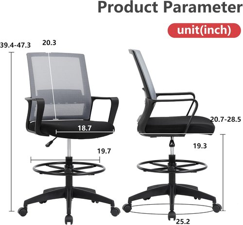 BestOffice Drafting Chair - Adjustable Tall Office Chair with Lumbar Support & Footrest | Mid Back, Ashy Color