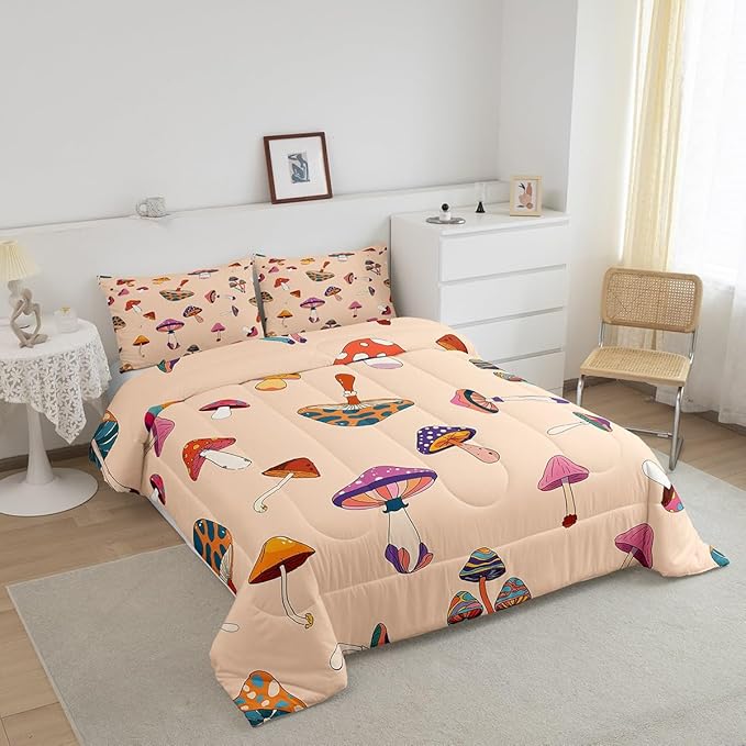 Castle Fairy Retro Mushroom Queen Size Comforter Set,Hippie Plant Bedding Set with 2 Pillowcases,60s 70s Cartoon Style Breathable Polyester Bedding Comforters