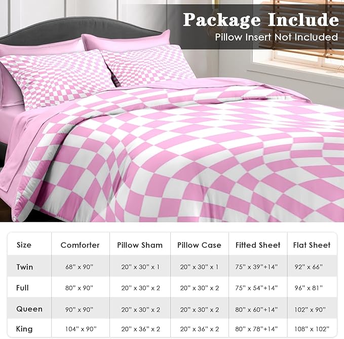 Comforter Set Twin Size, Pink White Geometric Checkerboard 5 Pcs Bedding for Kids and Adults, Chess Checkered Bedding Sets with Fitted Sheet Pillowcase & Sham for Bedroom Bed Decor