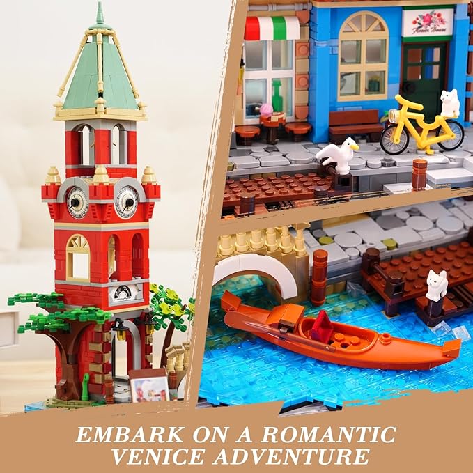 Venice Main Street Building Set for Adults, 2155 PCS City House Building Block Kit with Light Flower Shop Pizzeria, Christmas Home Decor Architecture Model Gift for Women Men Teen Girl 10+