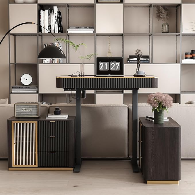 Lartis Office Desk, Electric Standing Desk with Built-in Outlets, Tempered Glass Top Modern Office Computer Desk with 2 Side cabinets (Black Brown, 50)