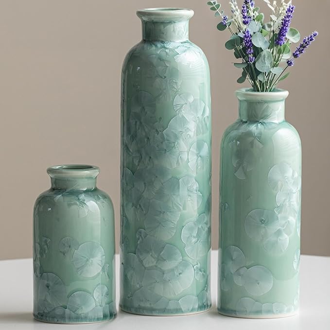 Modern Ceramic Vase Set of 3, Green Crystalline Glaze Colors, Decorative Bottles for Home, Farmhouse Rustic Decor Housewarming Gifts, Wedding Gifts, Birthday Gifts for Women(Crystalline Glaze Green)