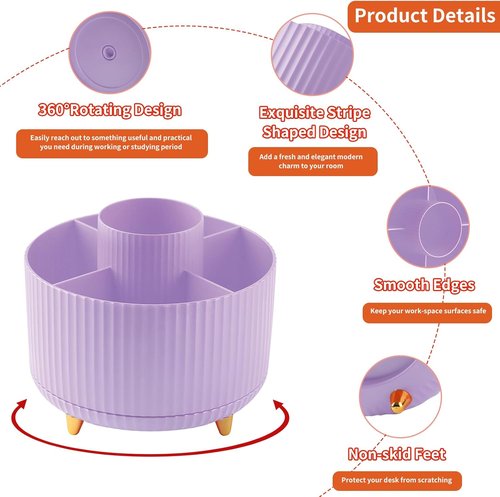 Skiennix 360° Rotating Desk Pencil Holder - 5 Slot Organizer for Office & Home - Purple