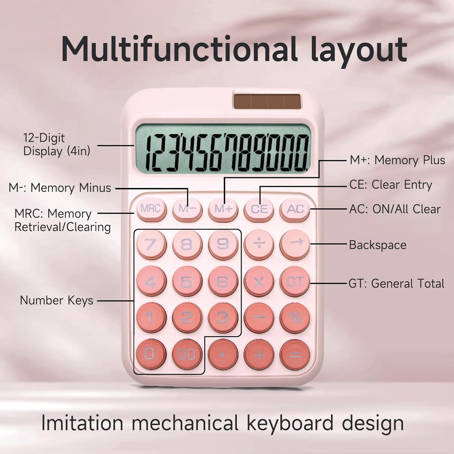 Skiennix Desk Calculator - 12 Digits, Large LCD Display, Solar & Battery Power | Ombre Pink