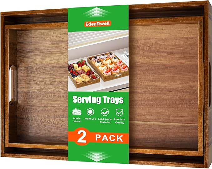 Acacia Serving Trays - 2 Pack, Acacia Wood Serving Platterss, Wood Serving Tray, Decorative Trays for Breakfast, Brunch, Dinner, Coffee Table, Party, Kitchen-M