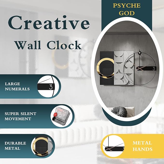 Modern oversized Wall Decor Clock, Large Geometric Decorative Wall Clock with 3D Textured Panels, Silent Non-Ticking Quartz, Black Gold & Grey Wall Art for Living Room Dining Room Office, 41×23.6"