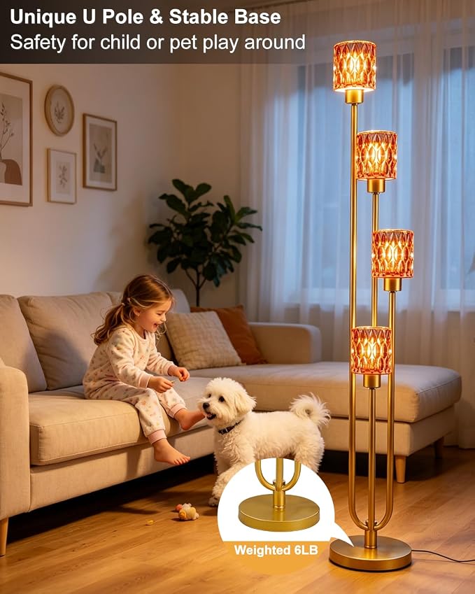 Vintage 4-Head Glass Floor Lamp, Gold Tiered Standing Lamp with Deep Red Textured Glass Shade, Dimmable LED Floor Lamp with 5Lbs Heavy Base for Living Room Bedroom Home Decor, Bulb Included